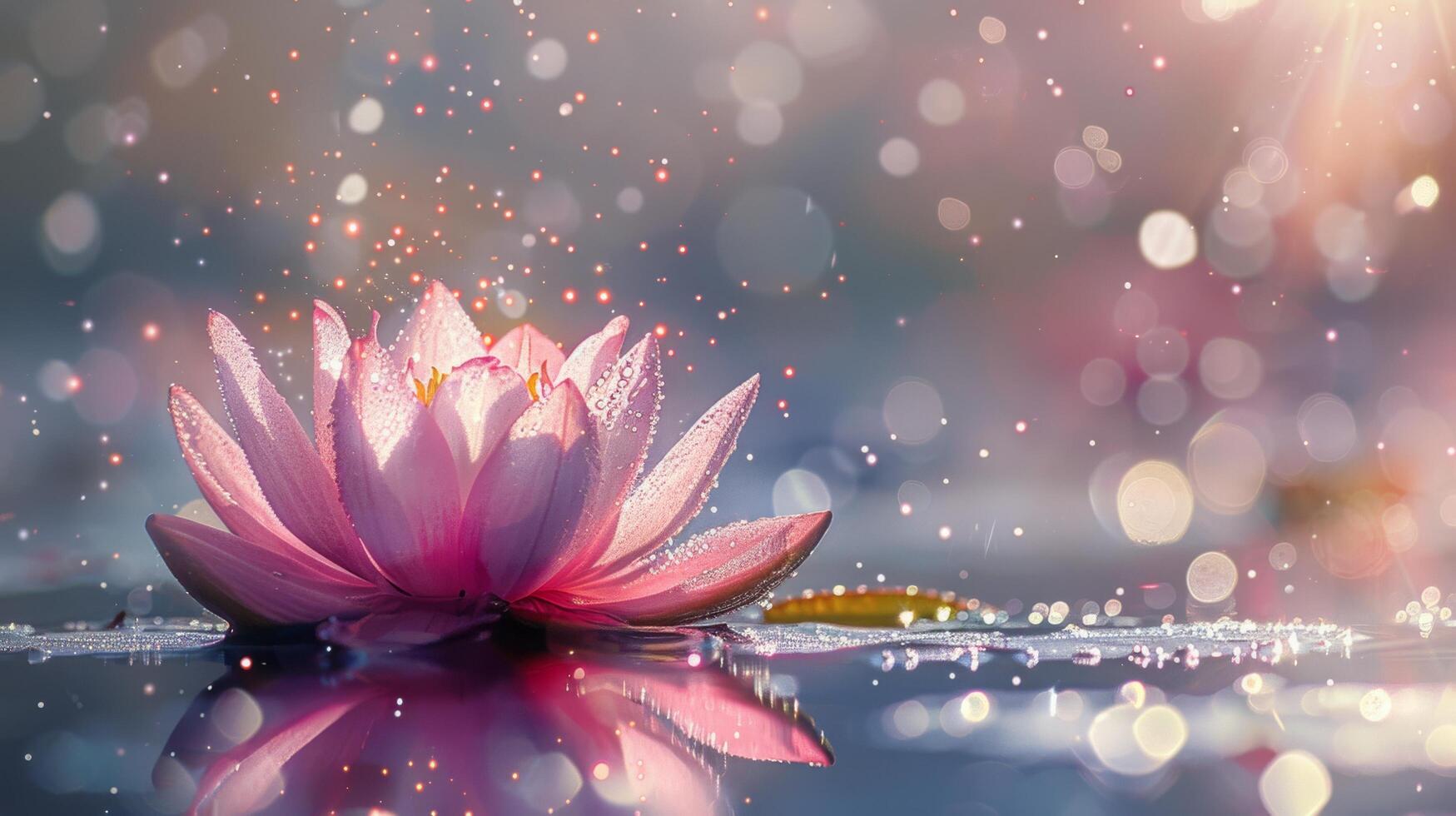 Pink Water Lily Blooming in a Pond With Sparkling Bokeh photo