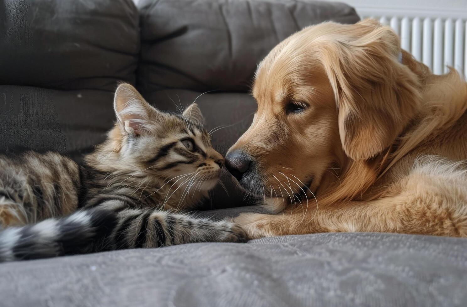 Golden Retriever and Tabby Cat Napping Together on a Grey Couch photo