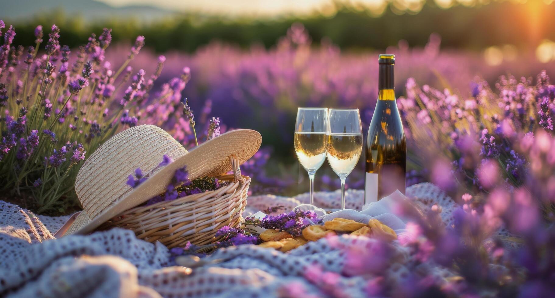 Picnic Basket With Wine Glasses and a Bottle in a Lavender Field at Sunset photo