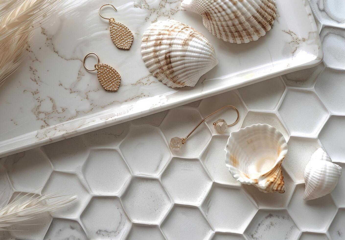Seashell Earrings on White Hexagon Tile Background With Eucalyptus photo