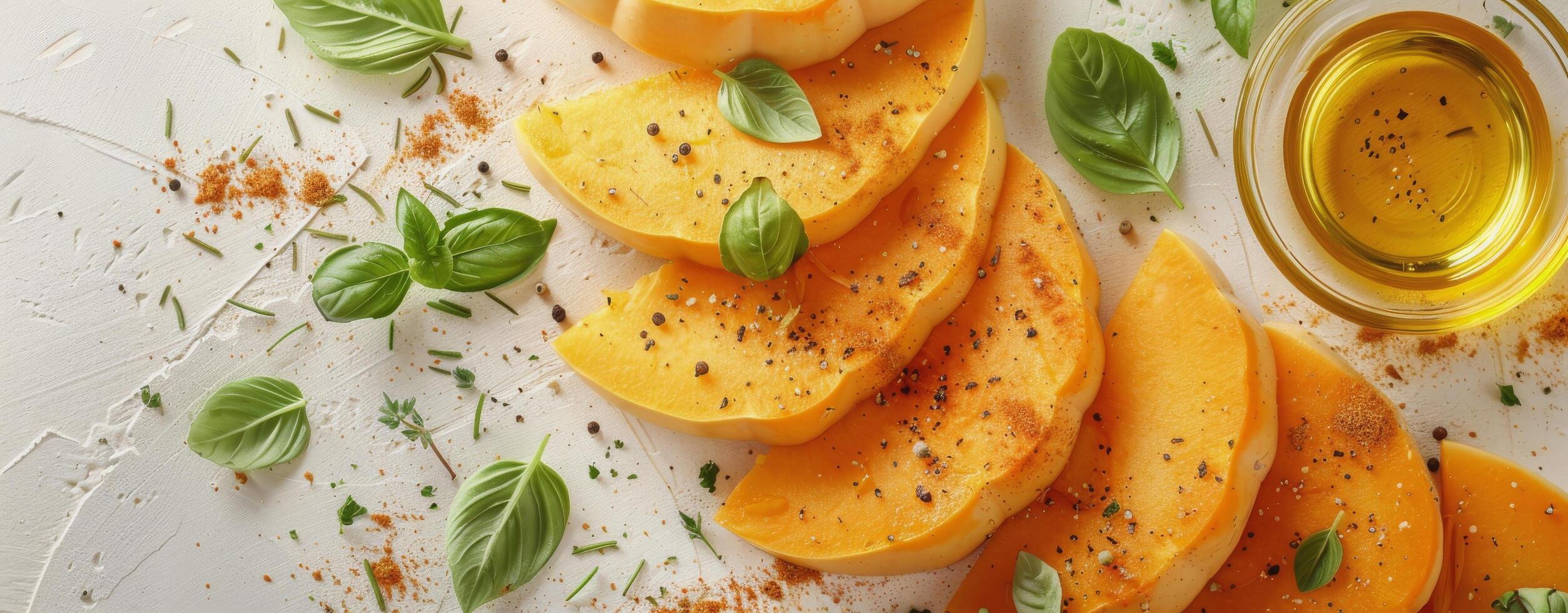 Sliced Butternut Squash With Basil and Spices on a White Surface photo