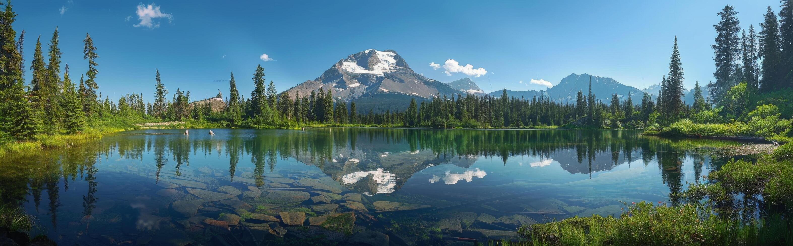 Tranquil Mountain Lake Reflection With Snow-Capped Peaks and Clear Blue Sky photo