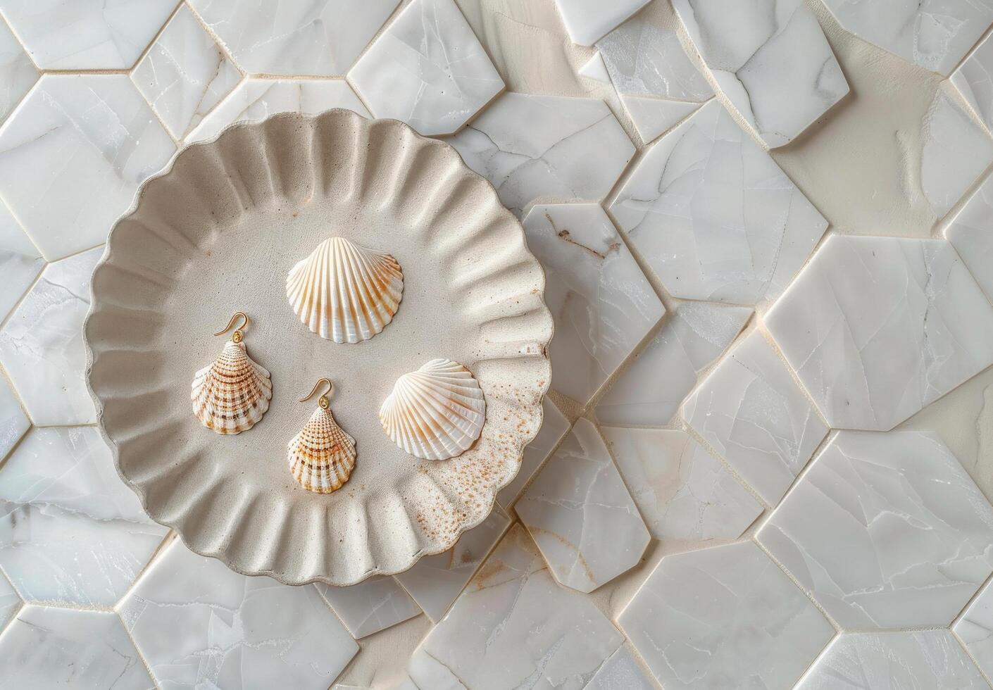 Seashell Earrings on White Hexagon Tile Background With Eucalyptus photo