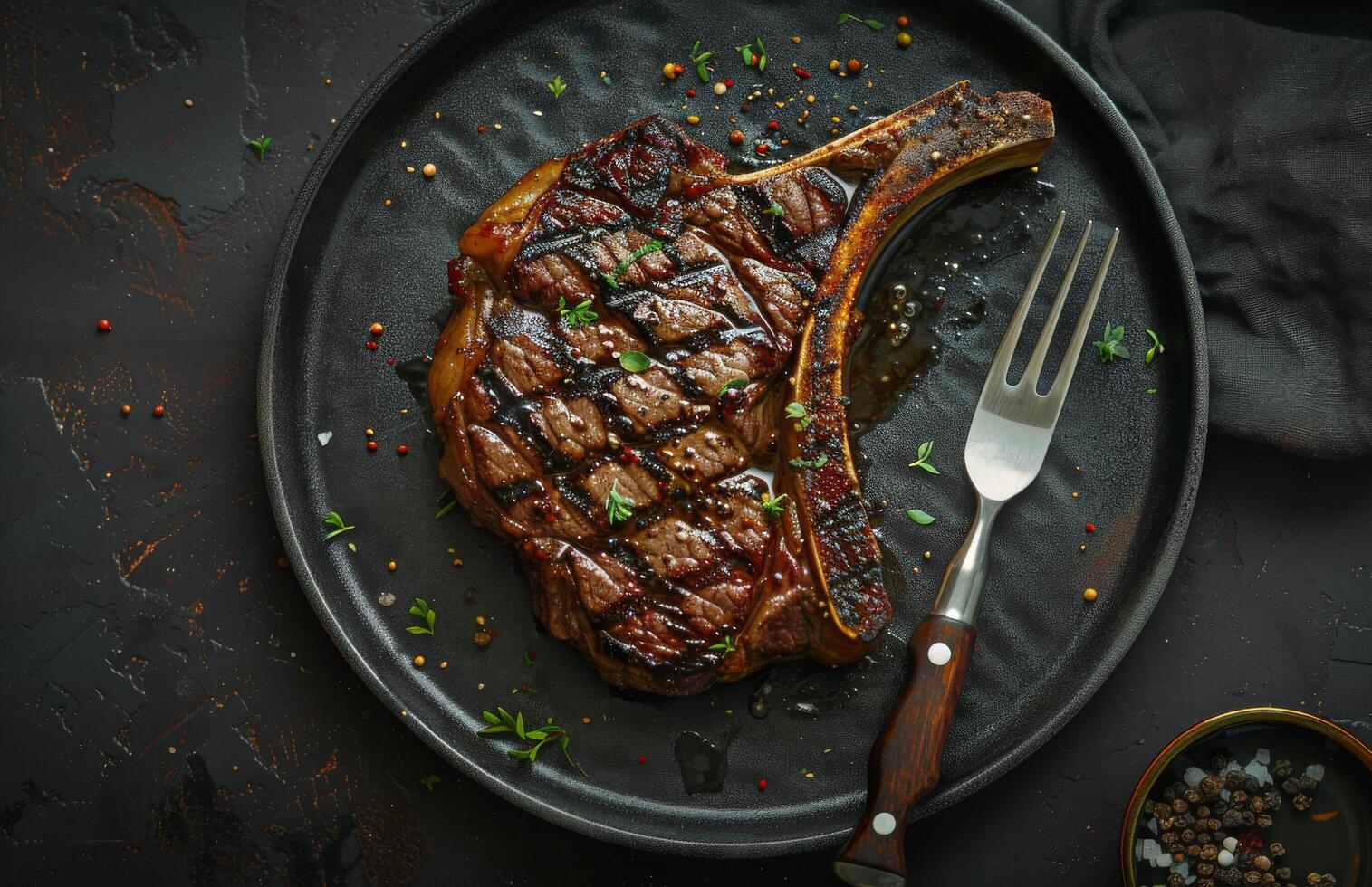 Grilled Bone-In Ribeye Steak on Black Plate With Rosemary photo