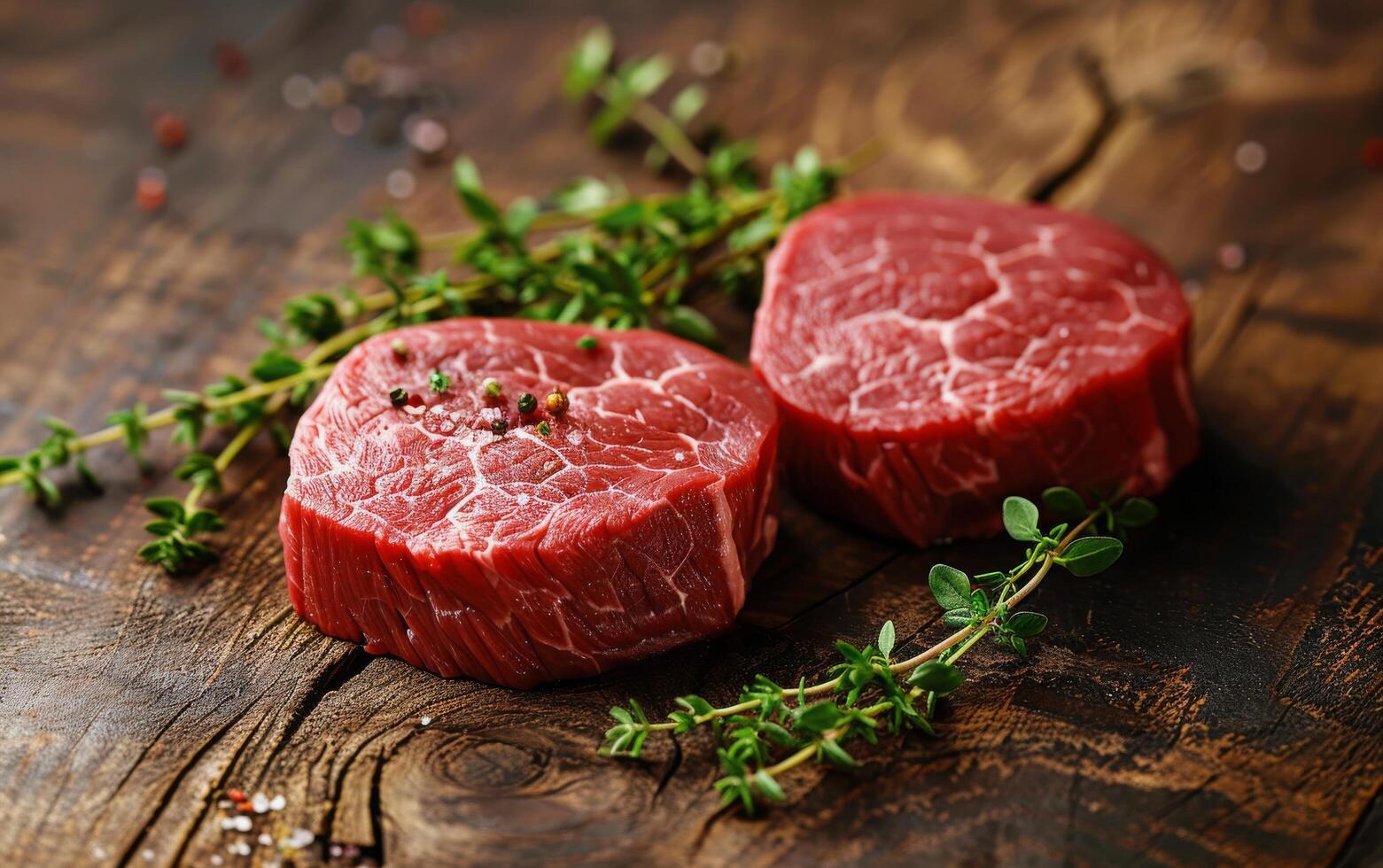 Raw Beef Tenderloin Steaks on Rustic Wooden Board With Thyme photo