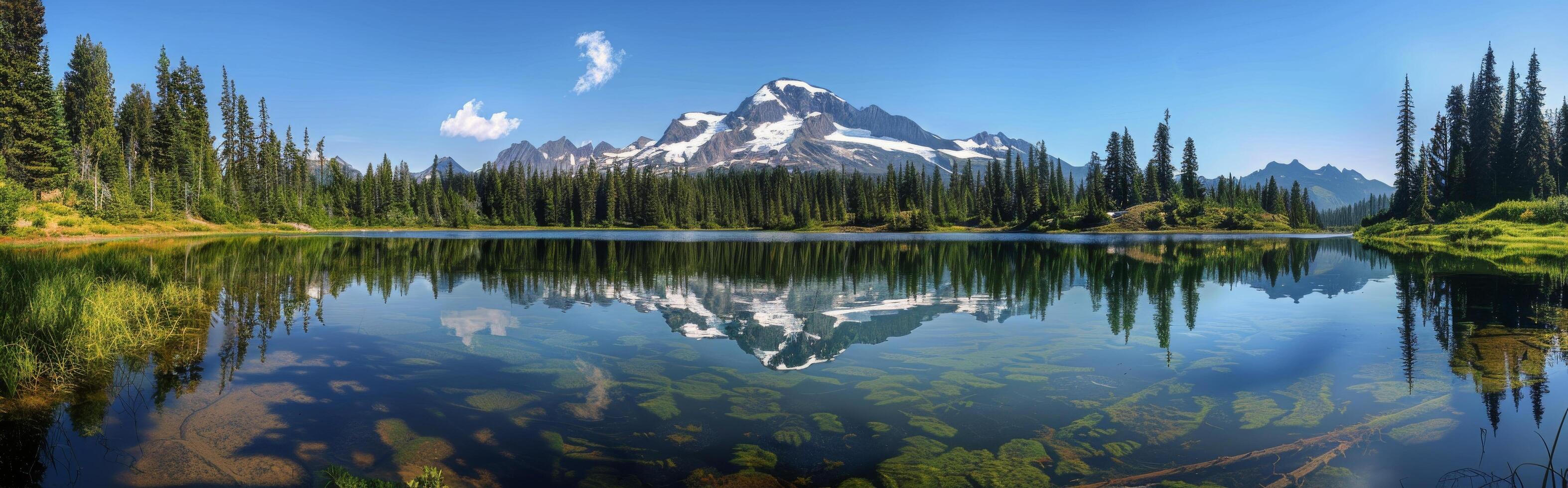 Tranquil Mountain Lake Reflection With Snow-Capped Peaks and Clear Blue Sky photo