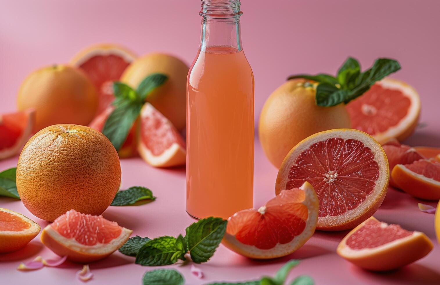 Fresh Grapefruit Slices and Juice on Pink Background photo