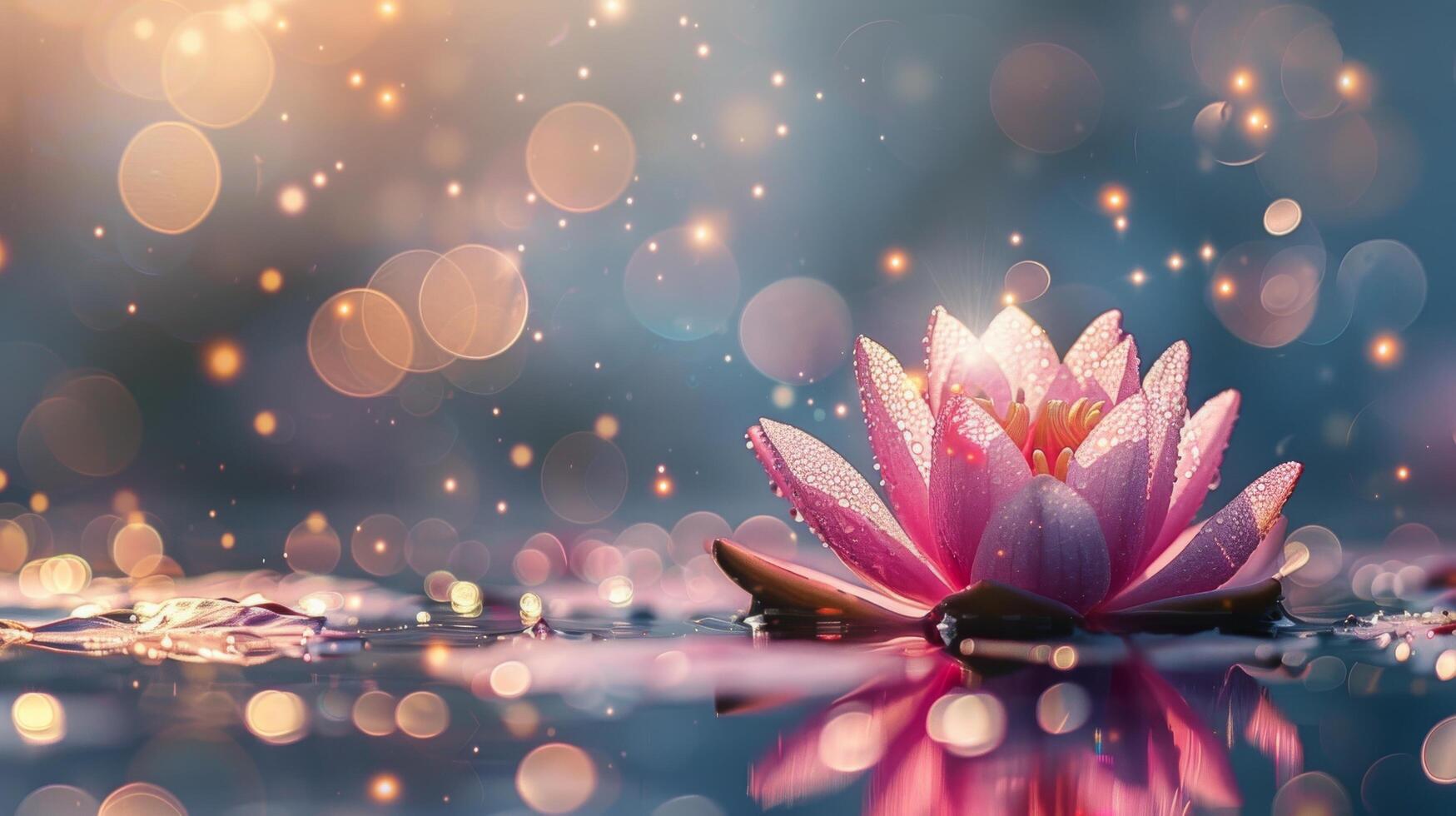 Pink Water Lily Blooming in a Pond With Sparkling Bokeh photo