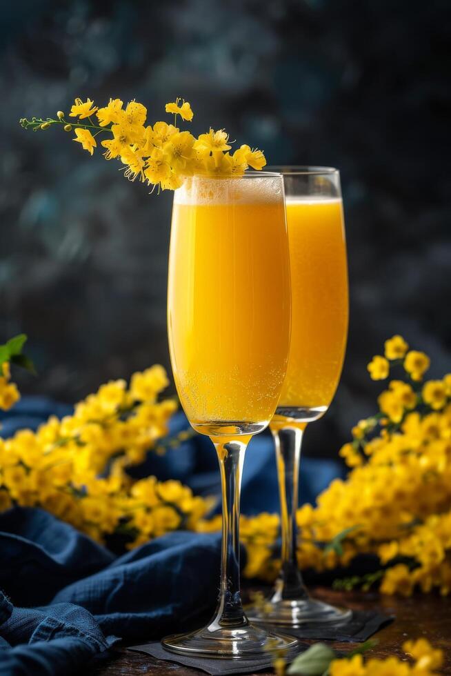 Two Glasses of Sparkling Orange Mimosa With Yellow Flowers on Blue Fabric photo