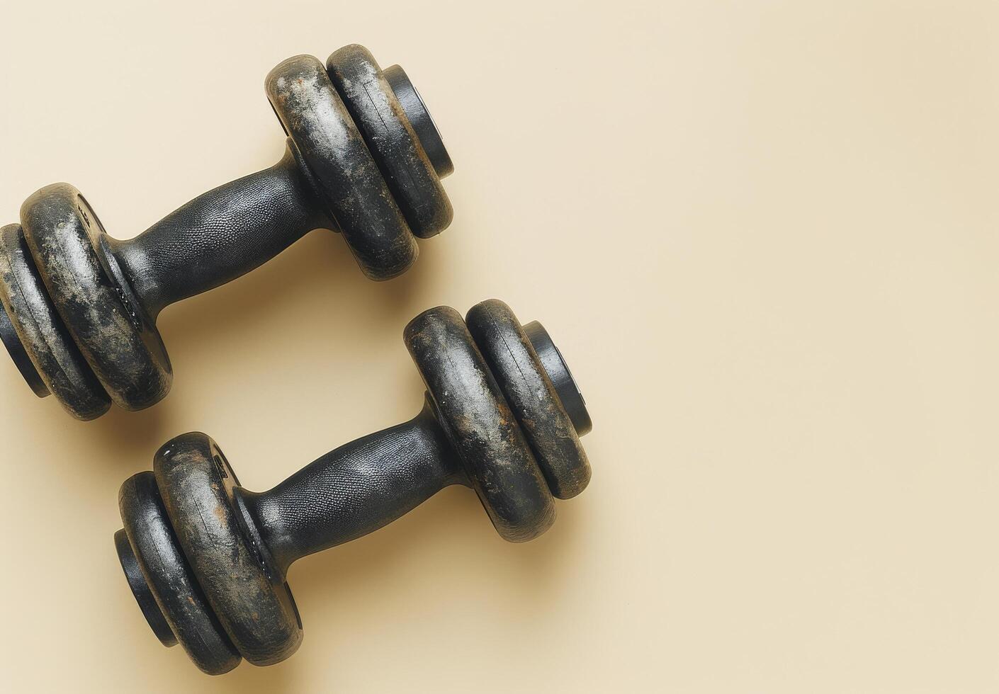 Black Cast Iron Dumbbell With Knurled Handle On Tan Background photo