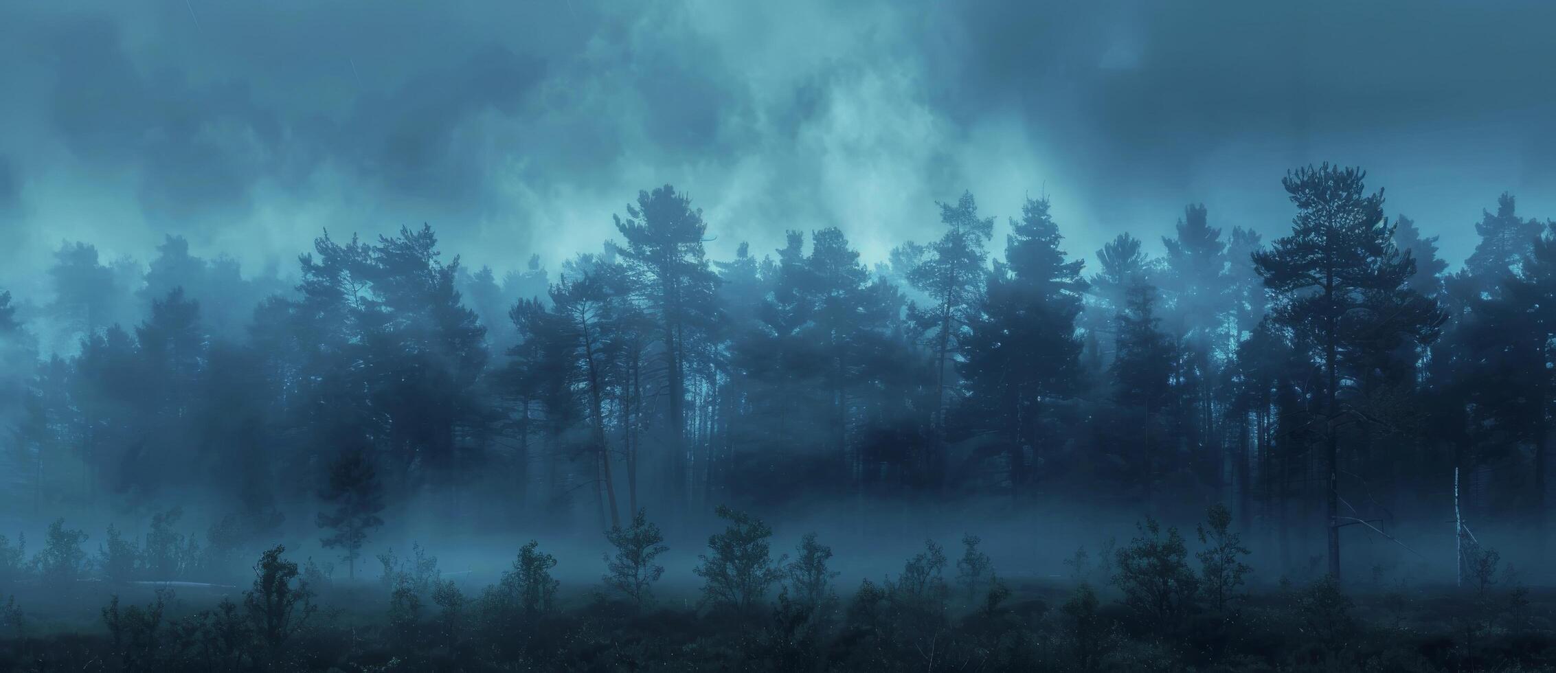 Dense Fog Envelops Tall Pine Trees in a Lush Forest photo