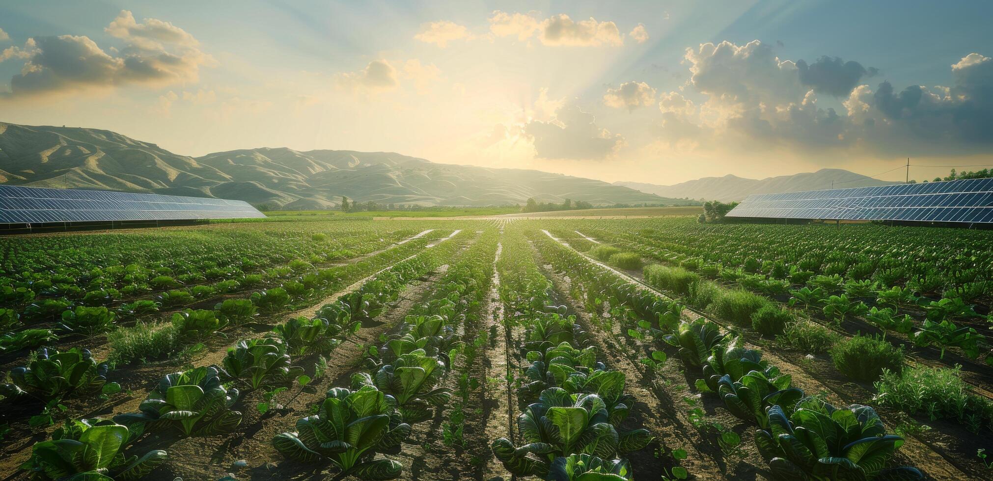 Green Rows Of Crops And Solar Panels On A Sunny Day photo
