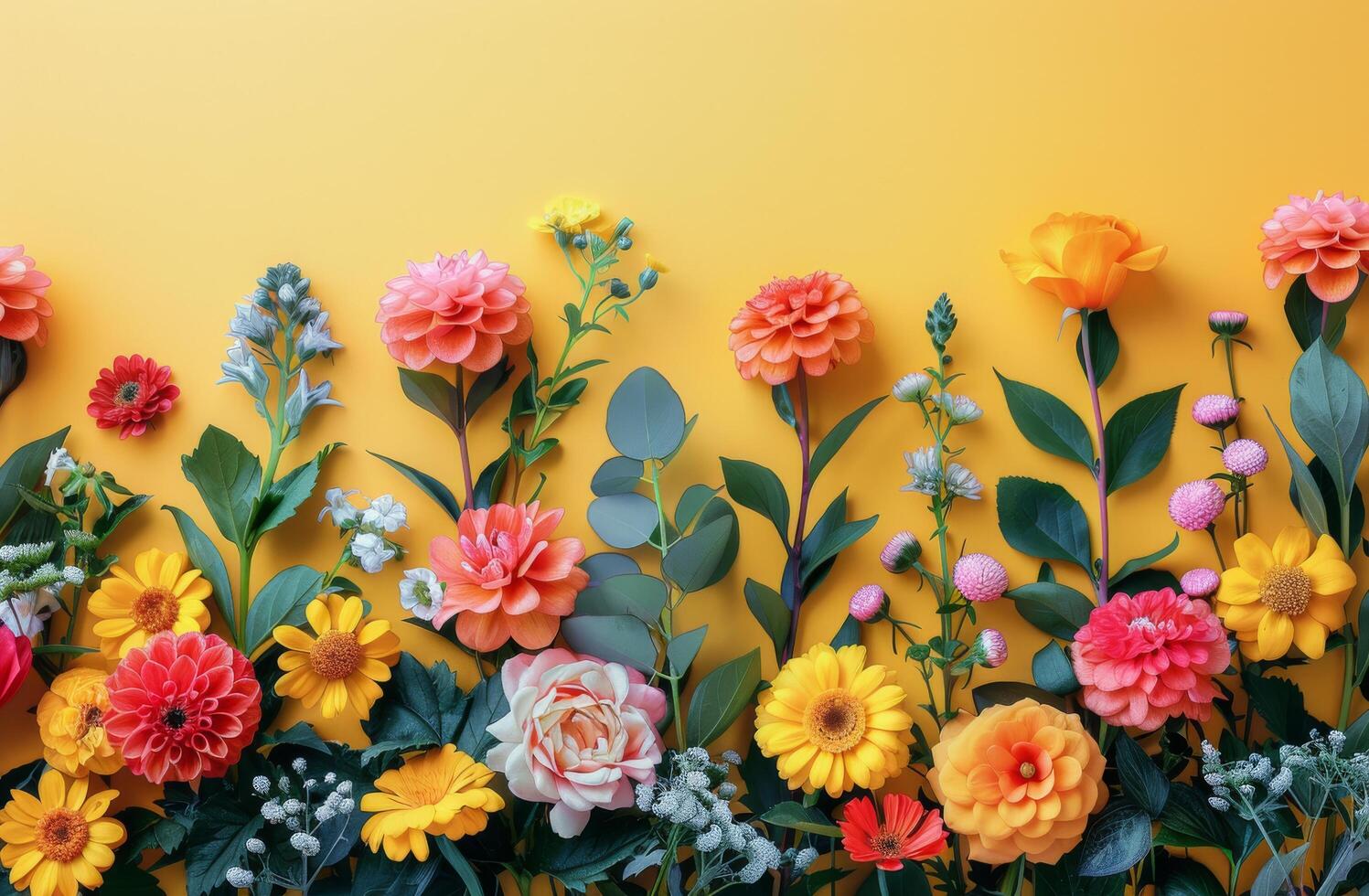 Colorful Spring Flowers Arranged on Yellow Background photo