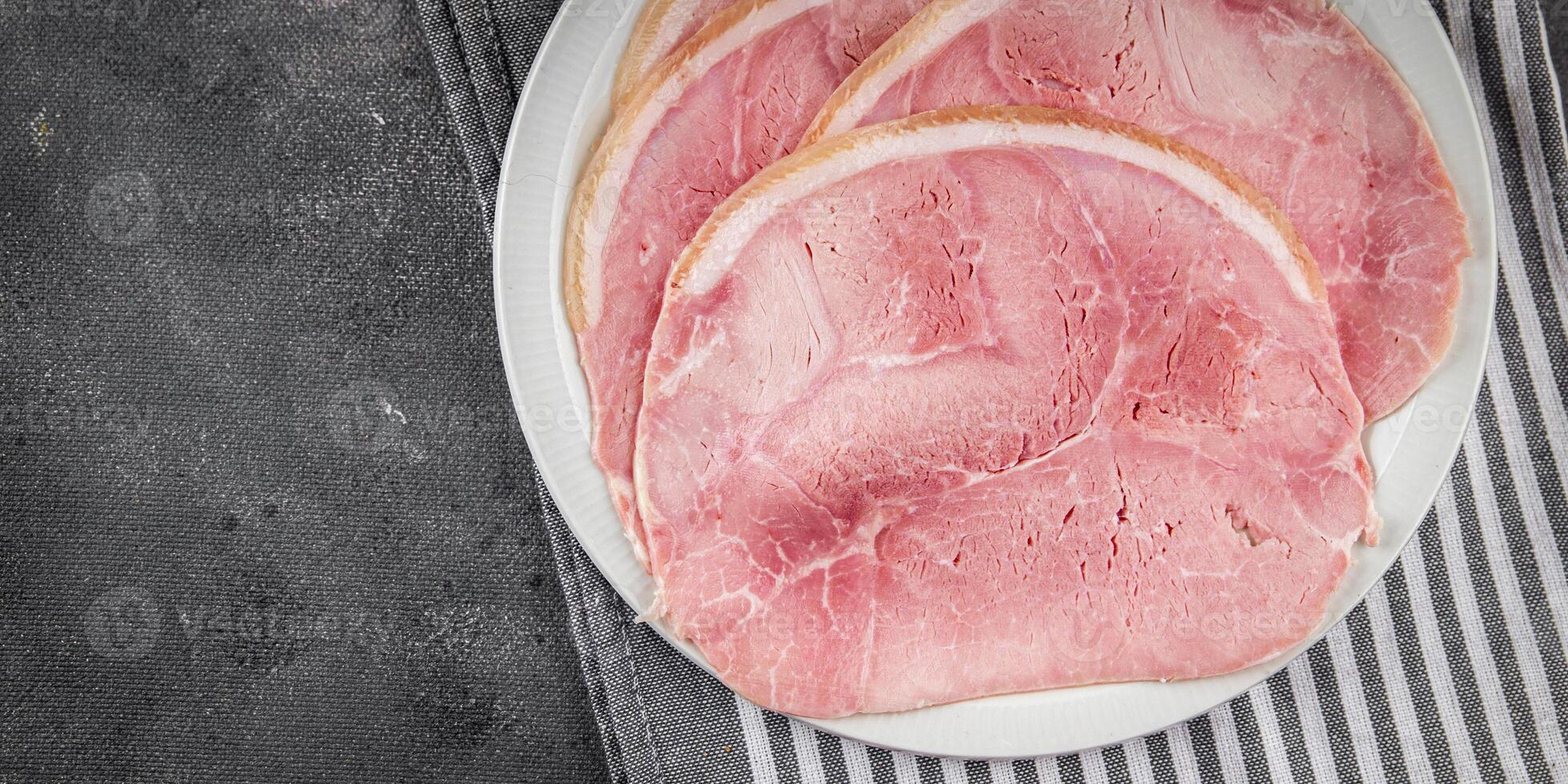 ham slice pork meat natural food fresh appetizer meal food snack on the table copy space food background rustic top view photo