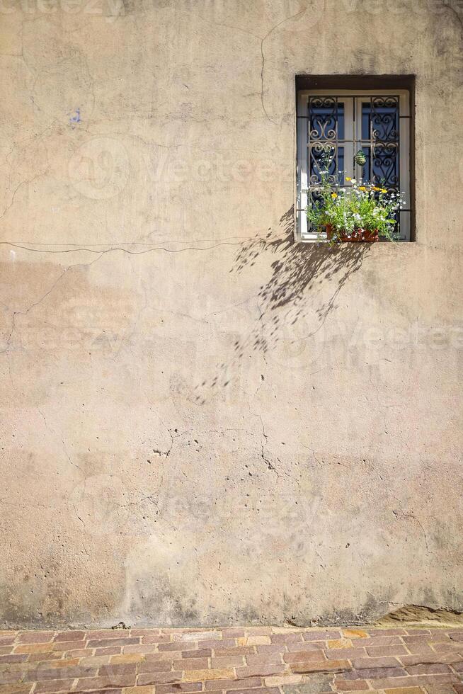 wall of a house with a window, flowers on the windowsill rustic style house facade photo