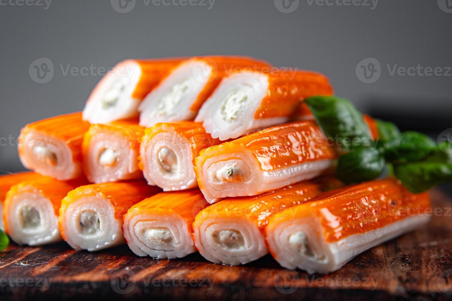 crab stick stuffing cream cheese and herbs natural fresh appetizer meal food snack on the table copy space food background rustic top view photo