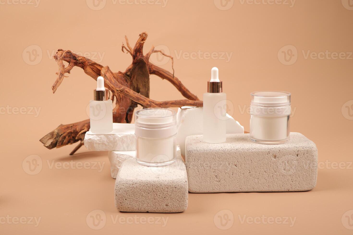 Luxury Skincare Products Displayed on Textured Stone and Driftwood photo