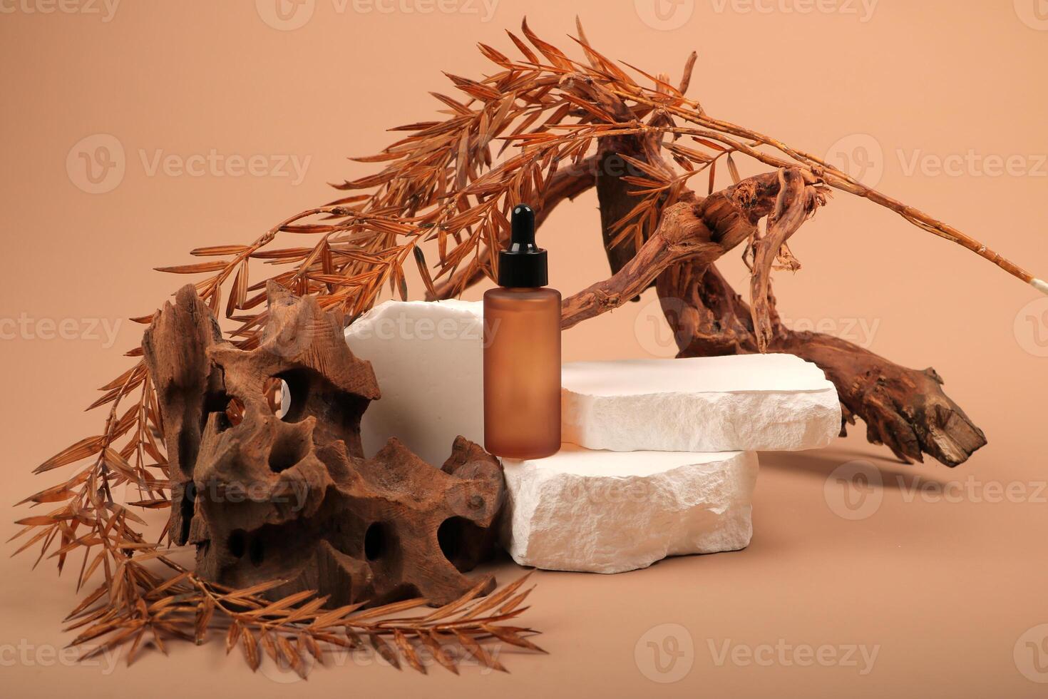 Amber Dropper Bottle on White Stone and Wood with Natural Branches photo