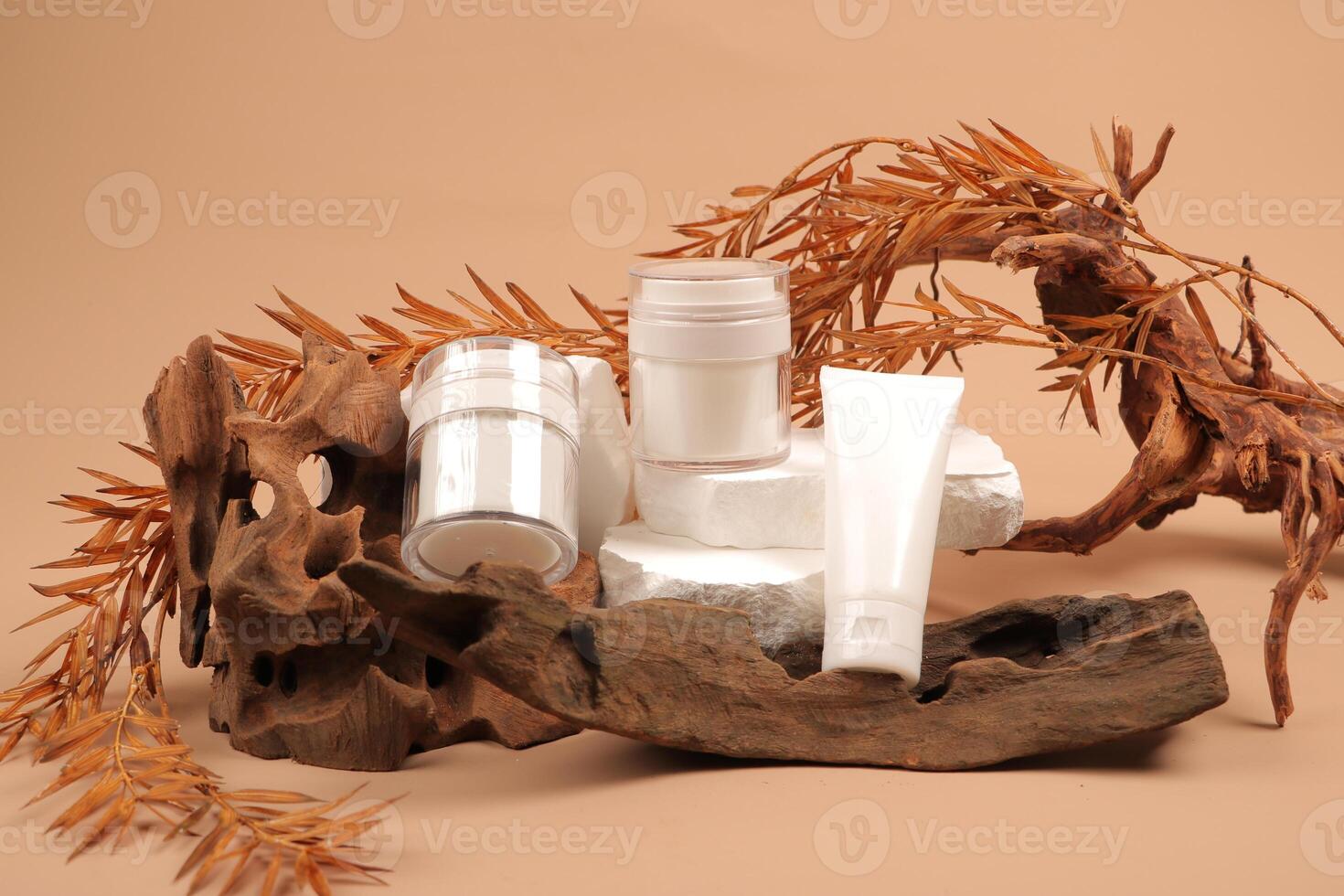 Luxurious White Skincare Packaging on Rustic Natural Display photo