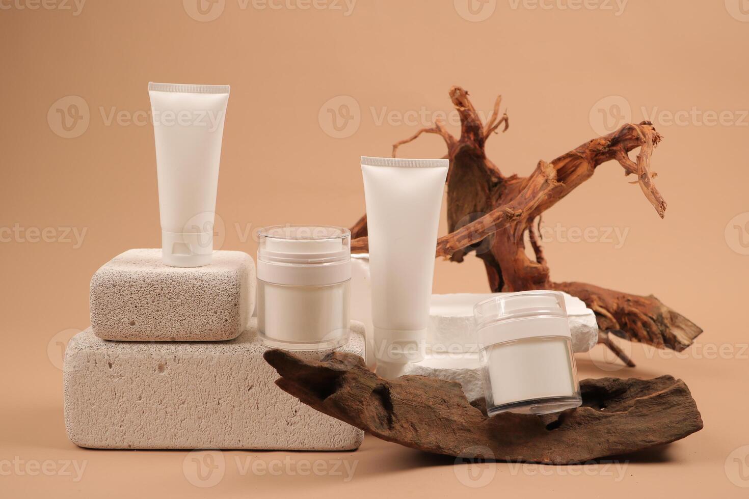 Modern Skincare Packaging on Natural Rustic Display photo