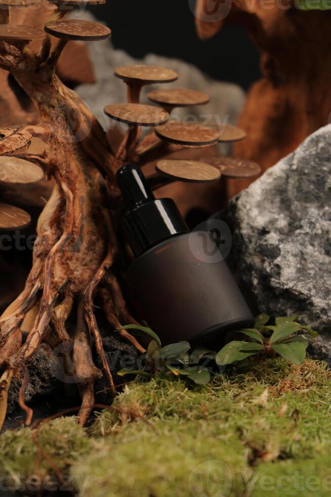 Matte Amber Dropper Bottle with Black Cap in Forest-Inspired Setting photo