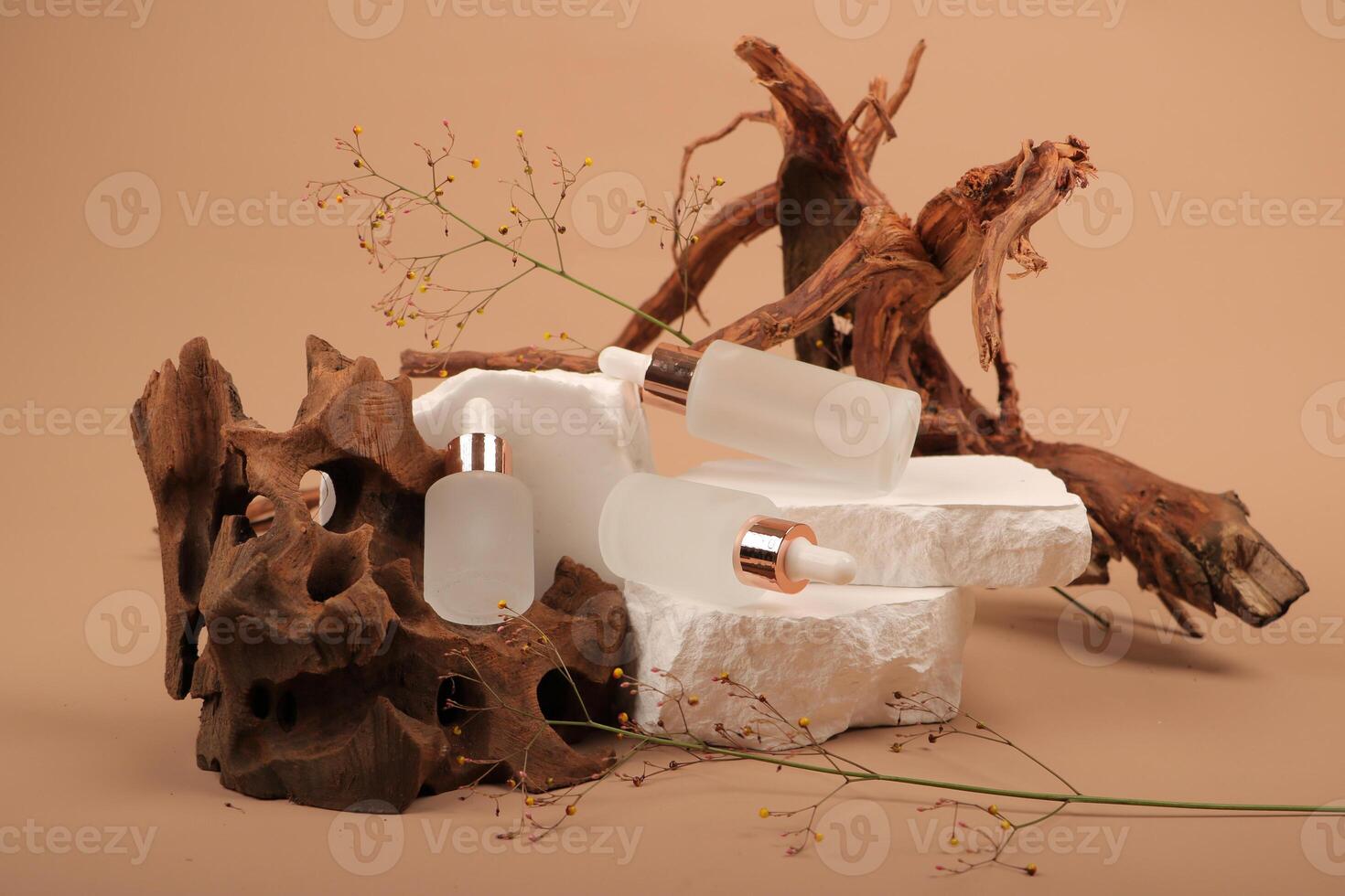 Elegant Frosted Dropper Bottles with Rose Gold Caps on Natural Display photo