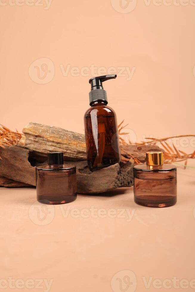 Natural Skincare Bottles on Rustic Wood Background photo