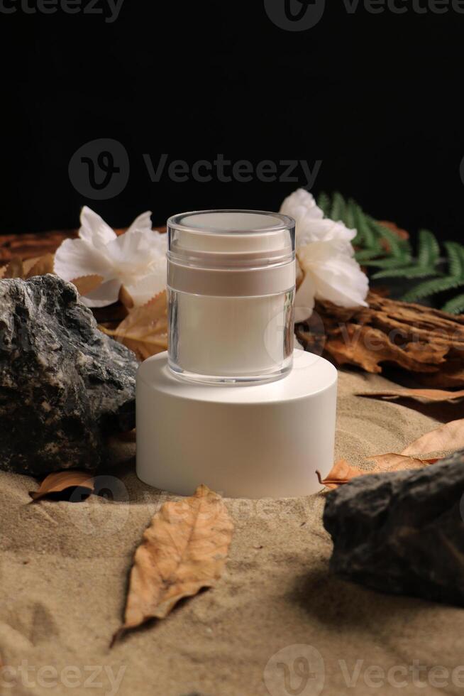 Elegant White Cosmetic Jar on Pedestal with Natural Backdrop photo