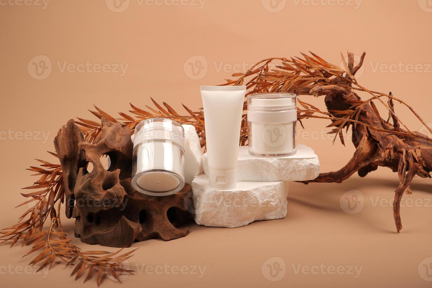 White Skincare Packaging on Rustic Natural Display photo