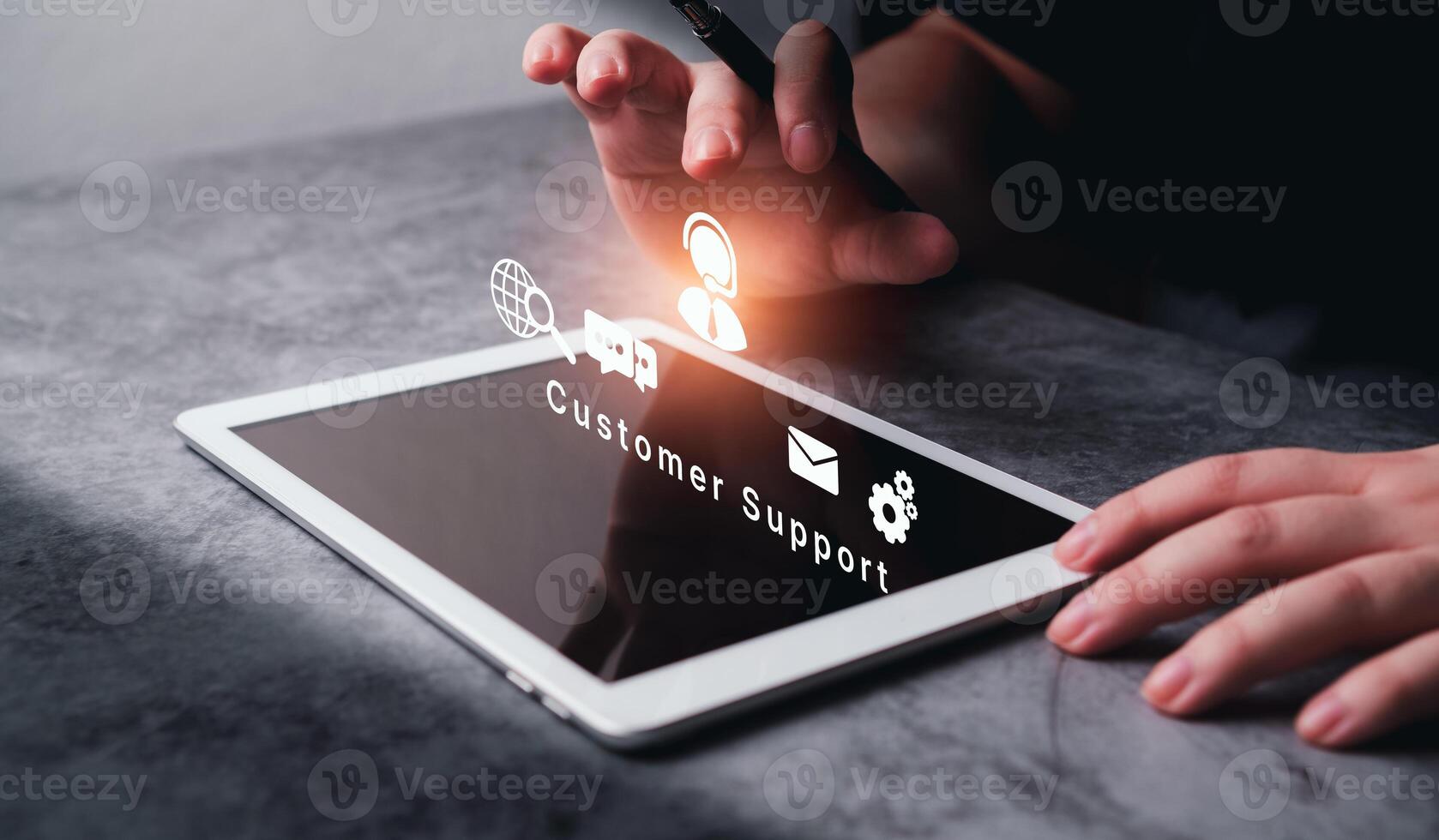 Technical support customer service concept. Woman use digital tablet with futuristic screen support customer interface. IT support. Call center and customer service help. photo