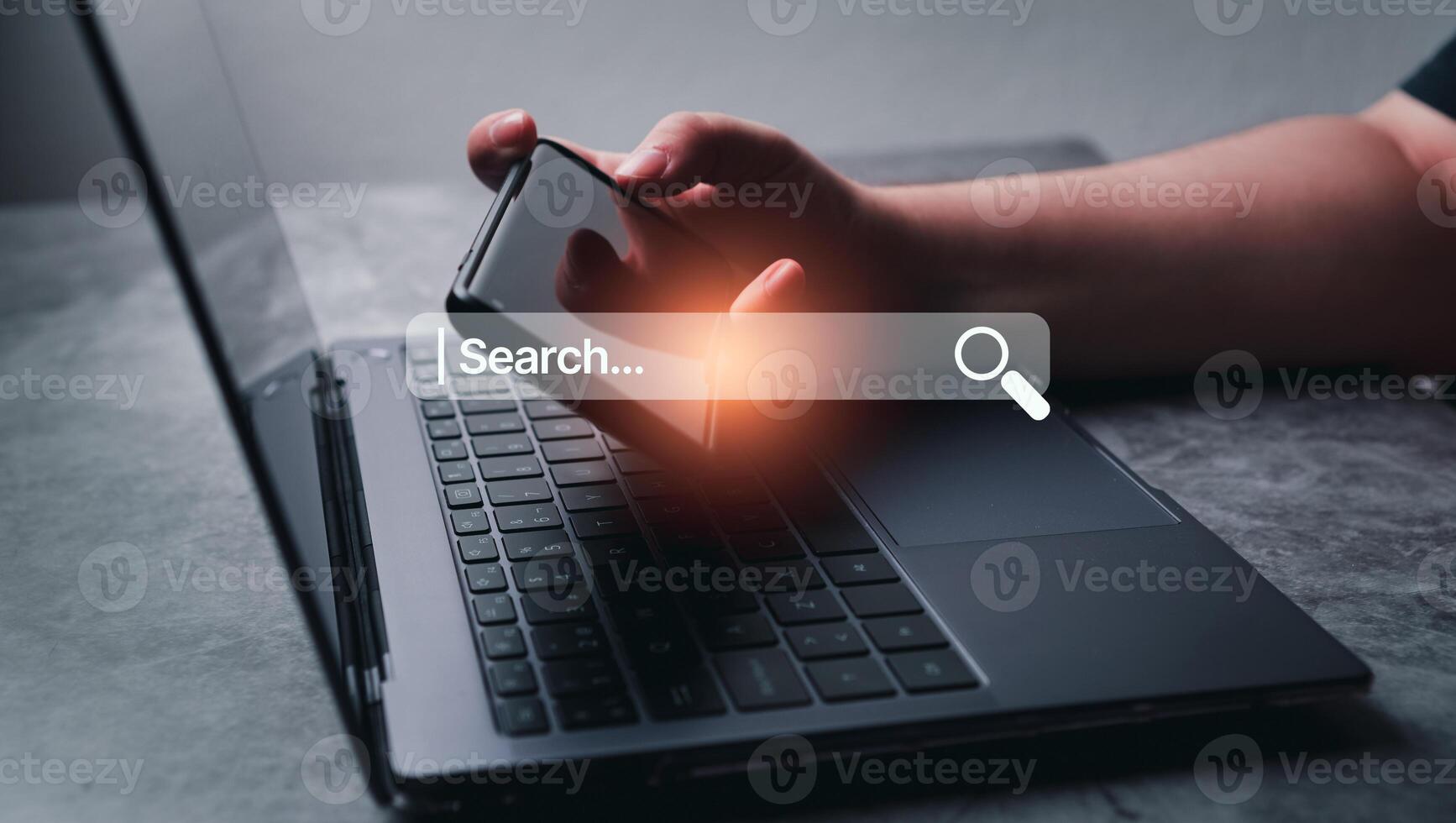 Woman use smartphone to find something. Searching information data on internet networking concept. Search browser VR interface. photo