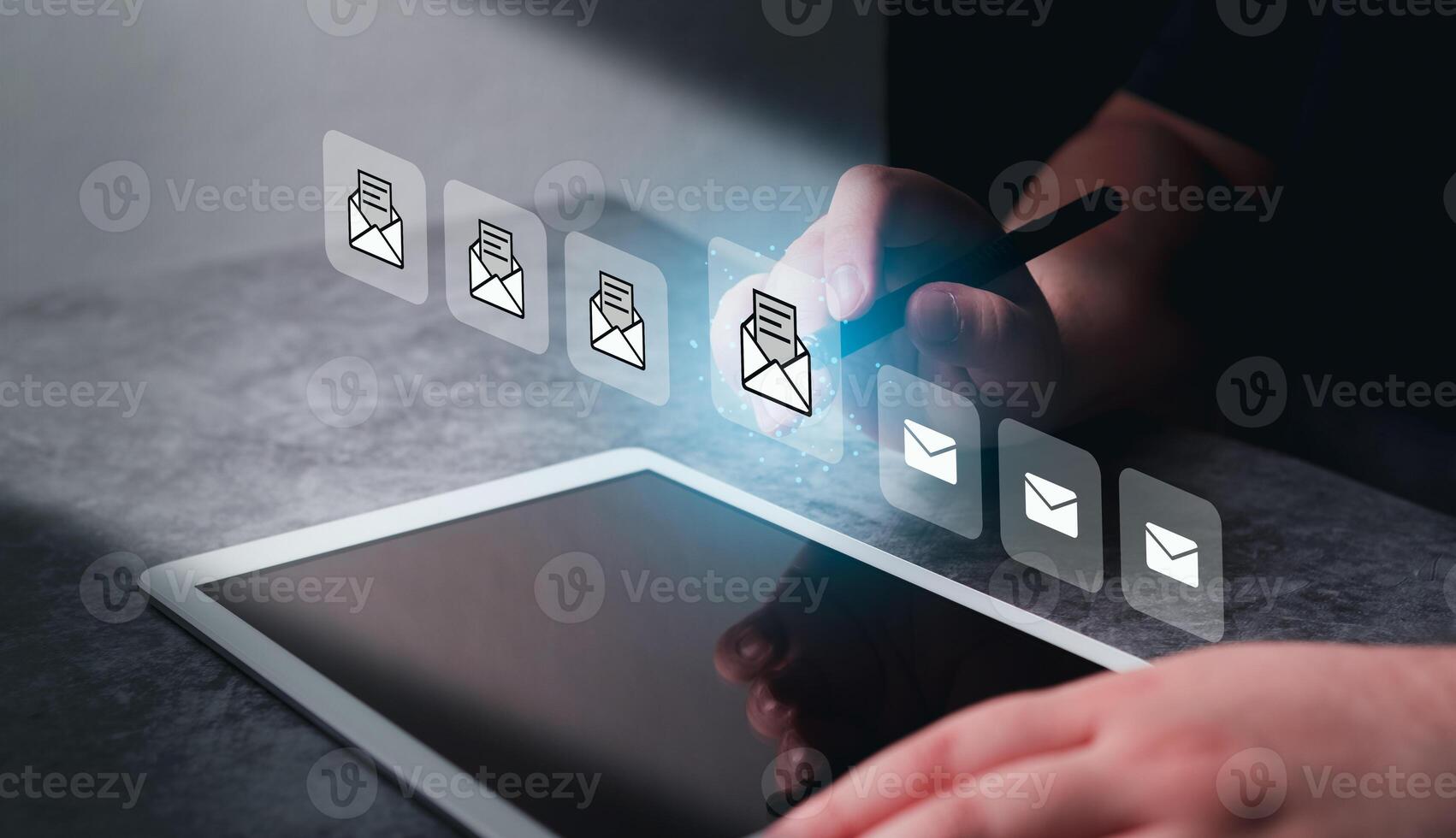 Woman use digital tablet with futuristic screen interface of mails. Communication and digital marketing. Inbox. Receiving electronic message alert. photo
