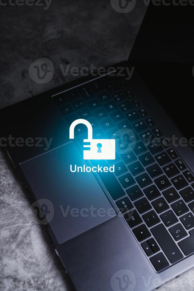 Desktop photo of laptop with futuristic interface of unlock protection. Creativity concept. Business innovation, data security and technology concept.