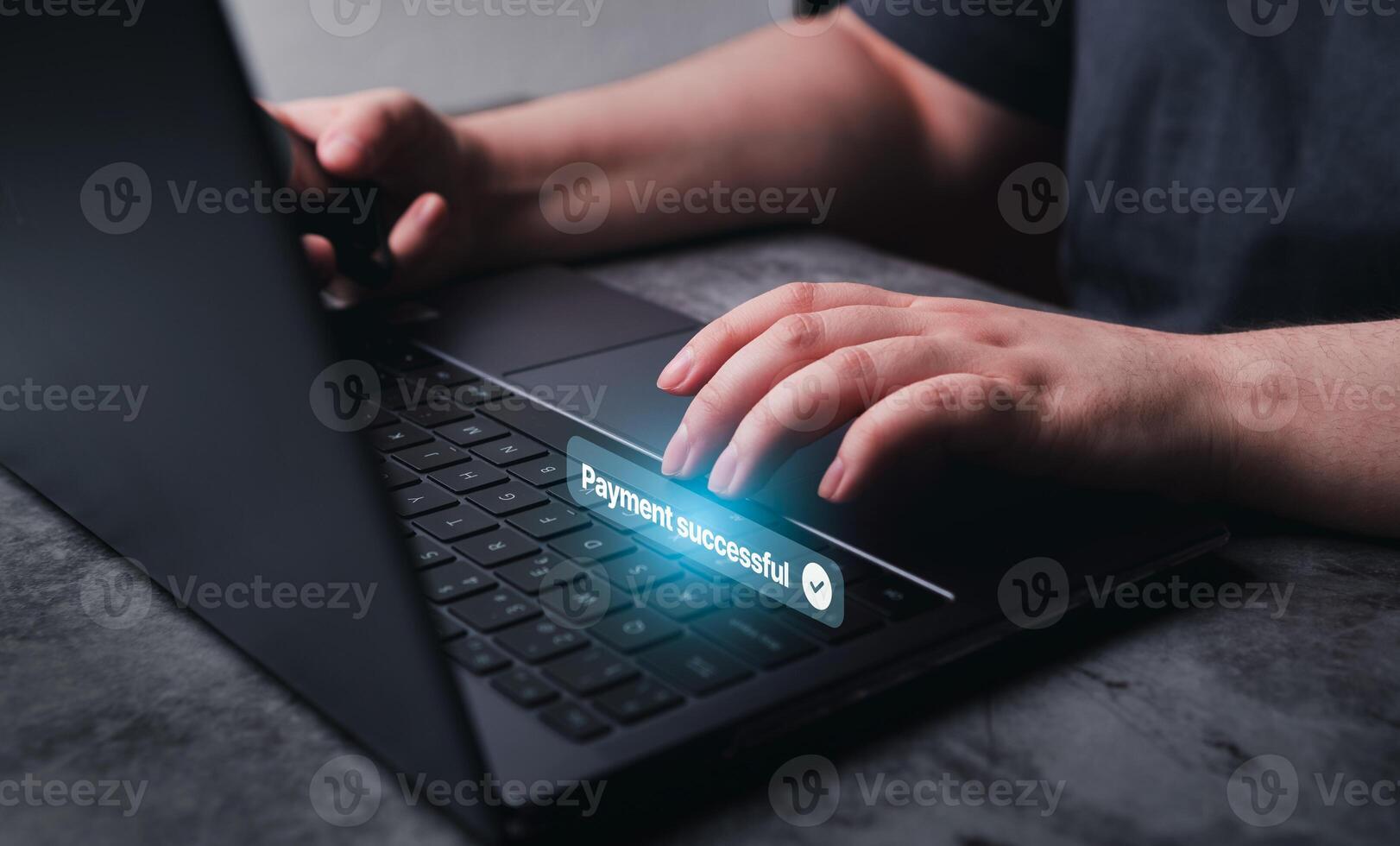 Woman use laptop for online shopping. Payment successful VR notification. Online Money Transfer Confirmed. photo