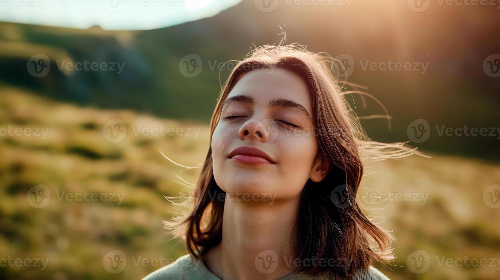 Portrait of young woman relaxing and breathing fresh air in a green environment. photo