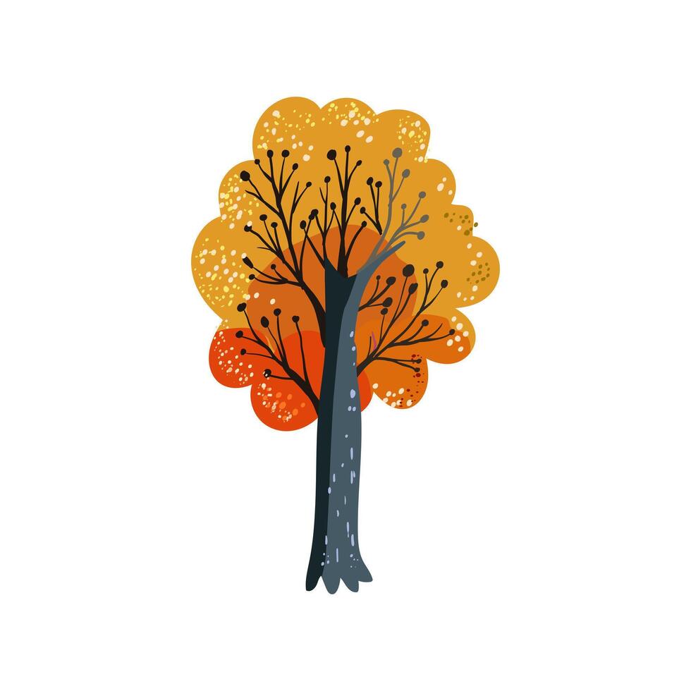 Yellow autumn tree with orange and brown leaves. Folk autumn. Hand drawn. Flat . vector