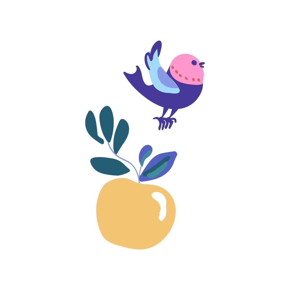 Apple on a branch and bird in folklore style vector