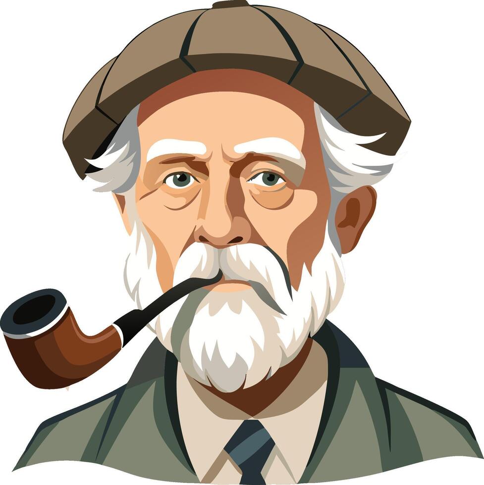 Senior professor smoking pipe wearing tweed jacket and hat vector