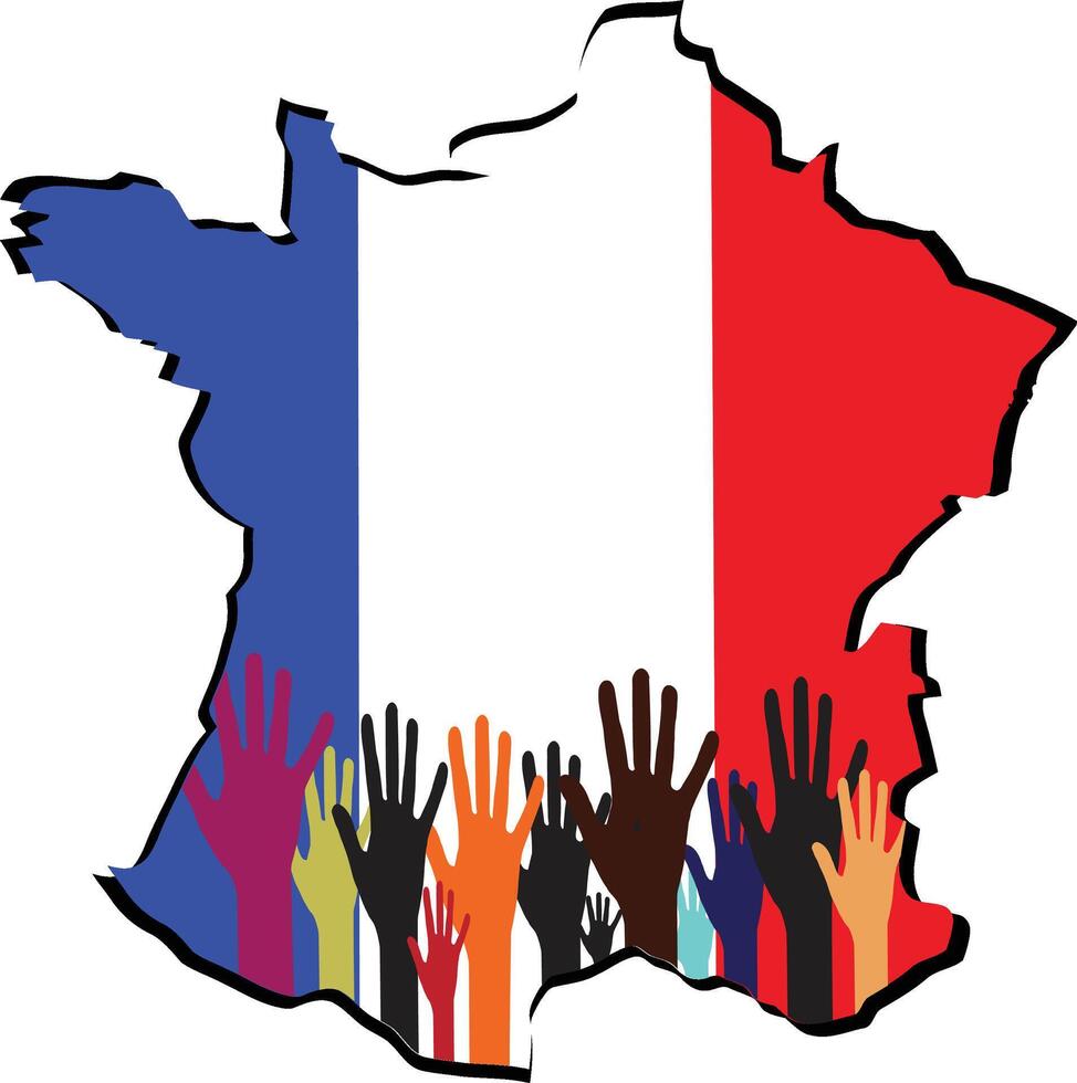People raising hands forming word terrorism over france flag map vector