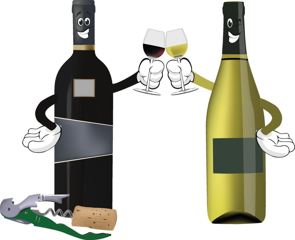 some wine bottles with cartoon glasses on them and a cork opener and clochet- vector