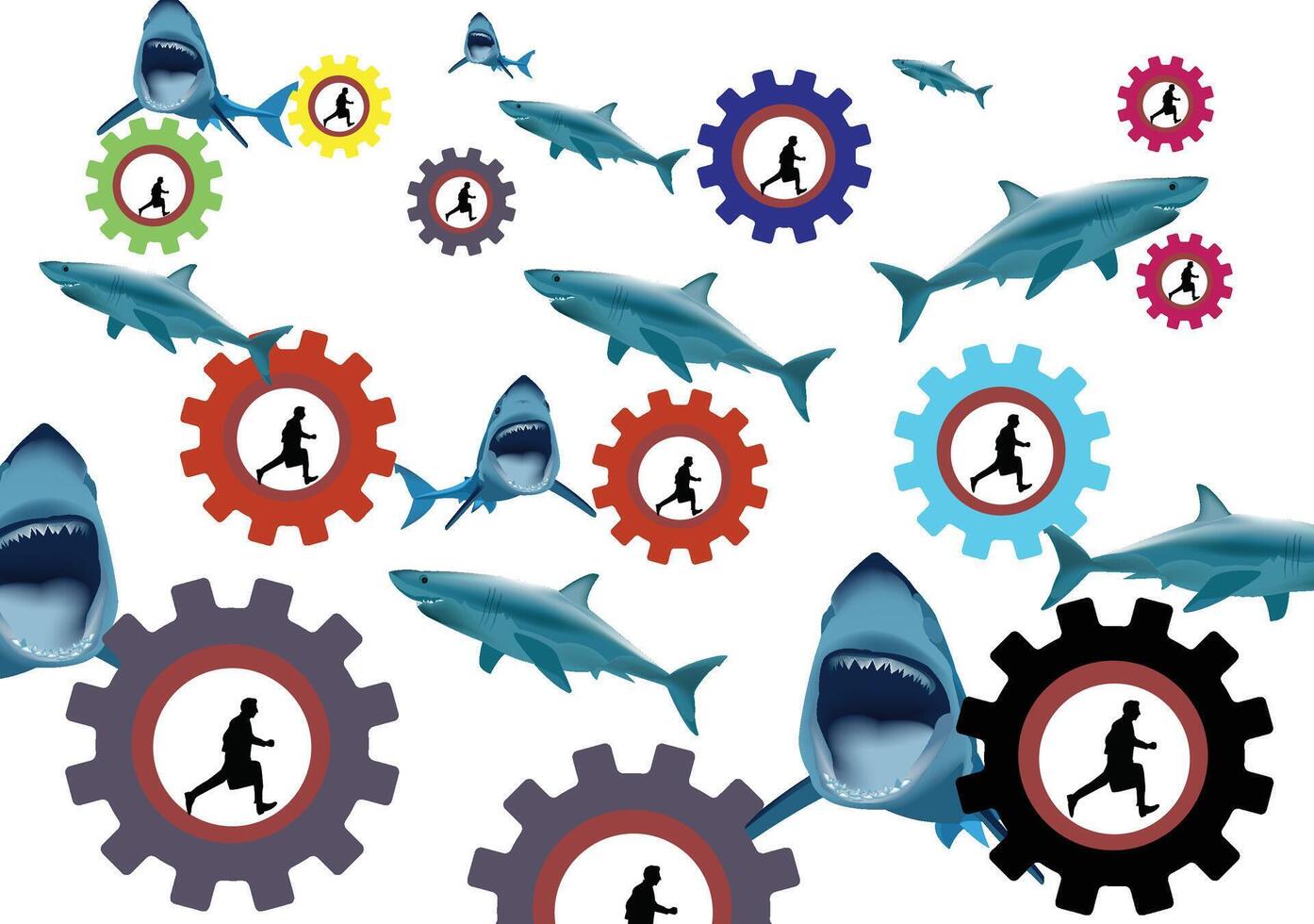 Businessmen running in gears chased by sharks in business competition vector