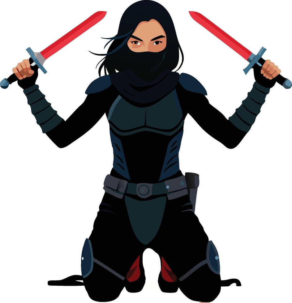 Powerful fantasy warrior woman crouching with sword and spear vector