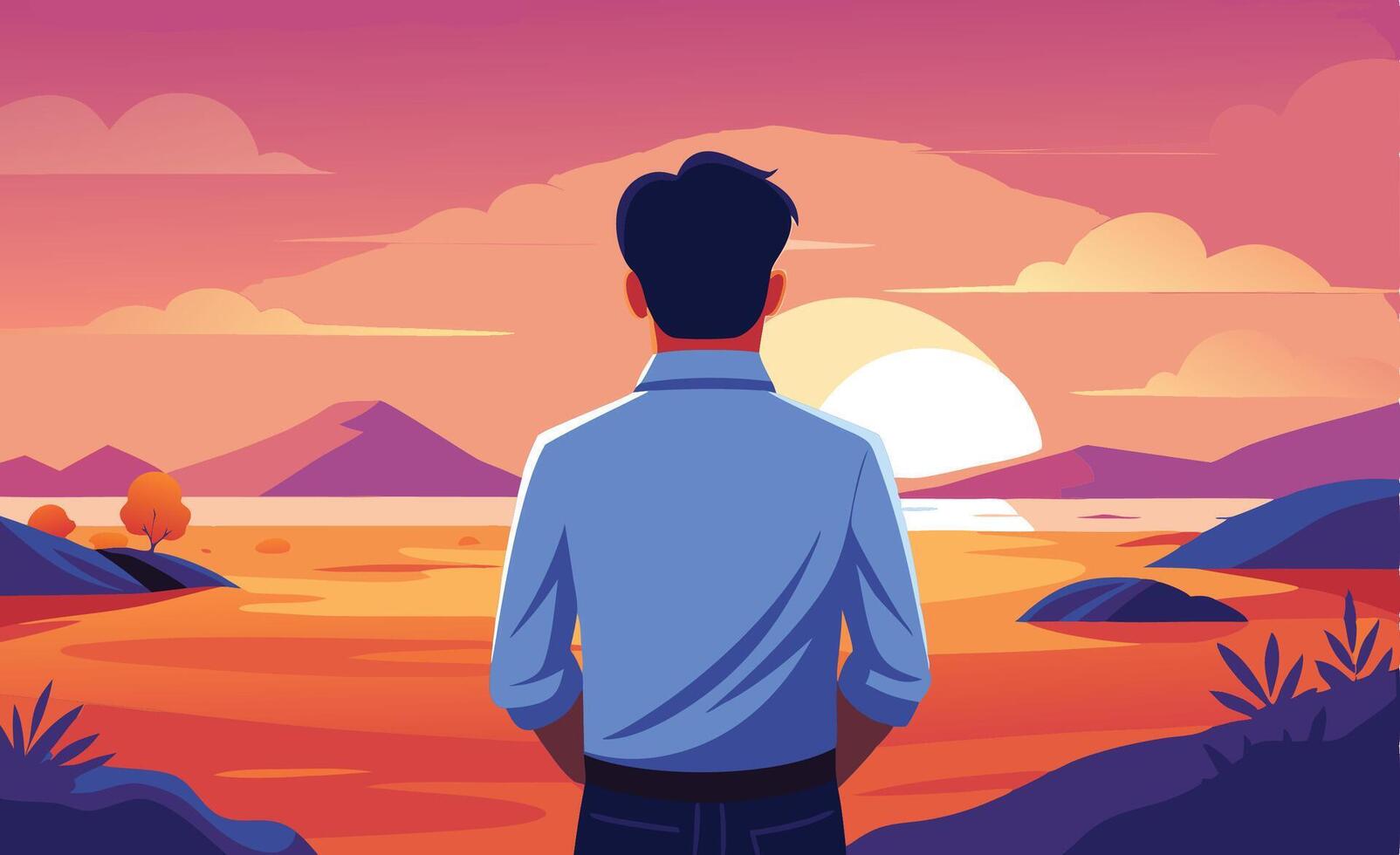 Businessman watching sunset over mountains and lake vector