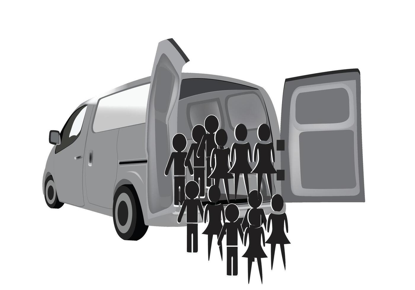 Group of people boarding a minivan for a road trip vector