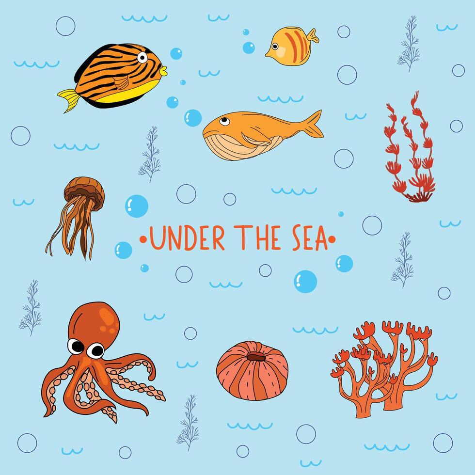 Bright and colorful illustration of various marine creatures. vector