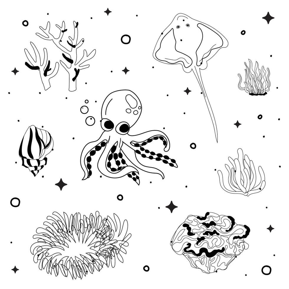 Under the Sea Marine Life Coloring Page. vector