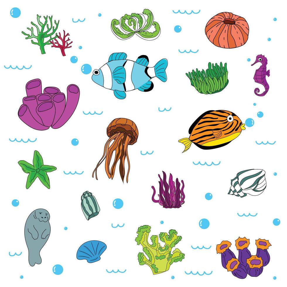 Bright and colorful illustration of various marine creatures. vector