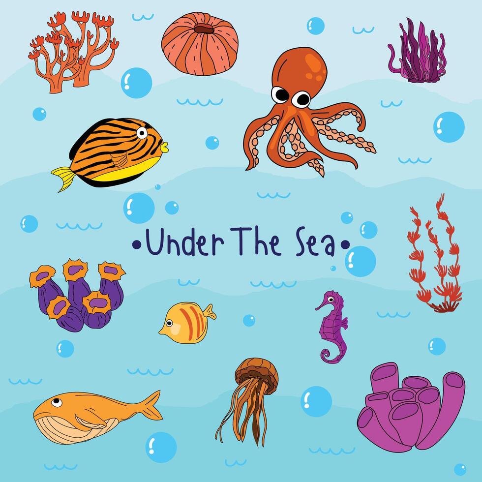 Bright and colorful illustration of various marine creatures. vector
