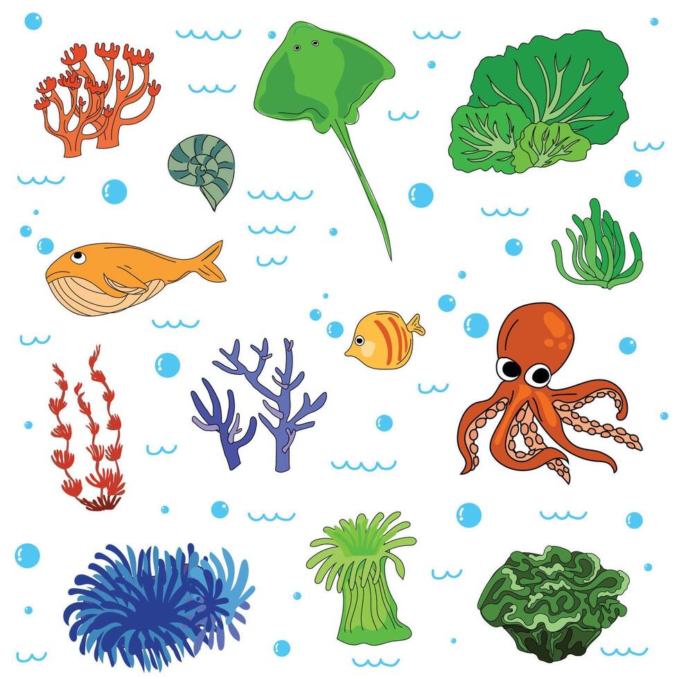 Bright and colorful illustration of various marine creatures. vector