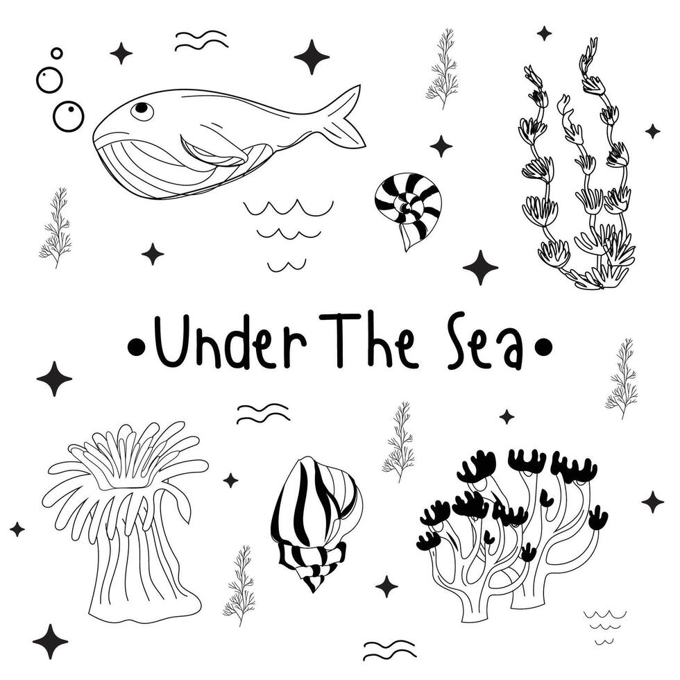 Under the Sea Marine Life Coloring Page. vector